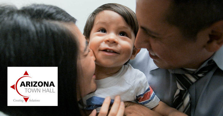 boy with his parents and AZ Town Hall logo