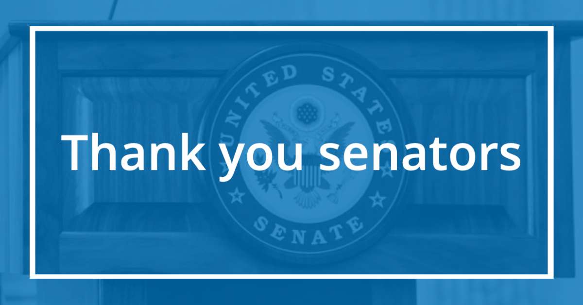 blue box with US Senate emblem and Thank you senators