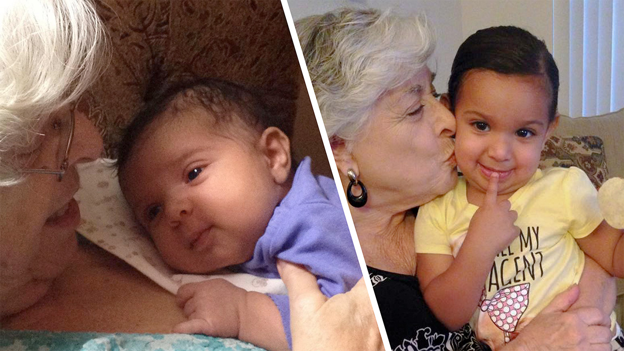 two photos of a baby with her grandmother holding her