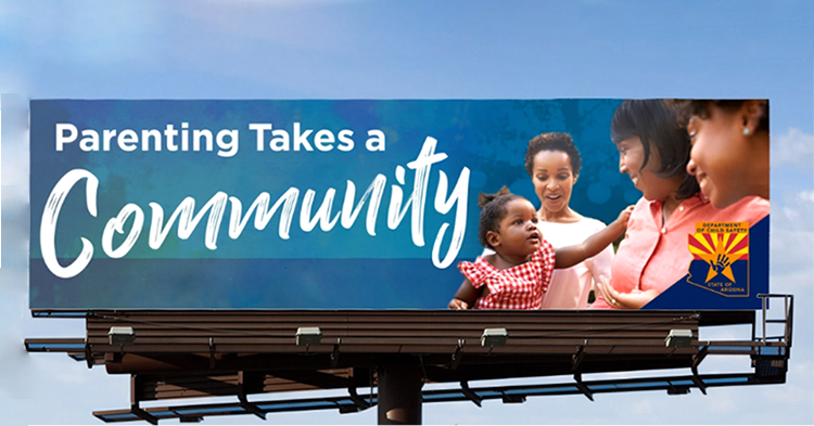 campaign billboard that reads Parenting Takes a Community